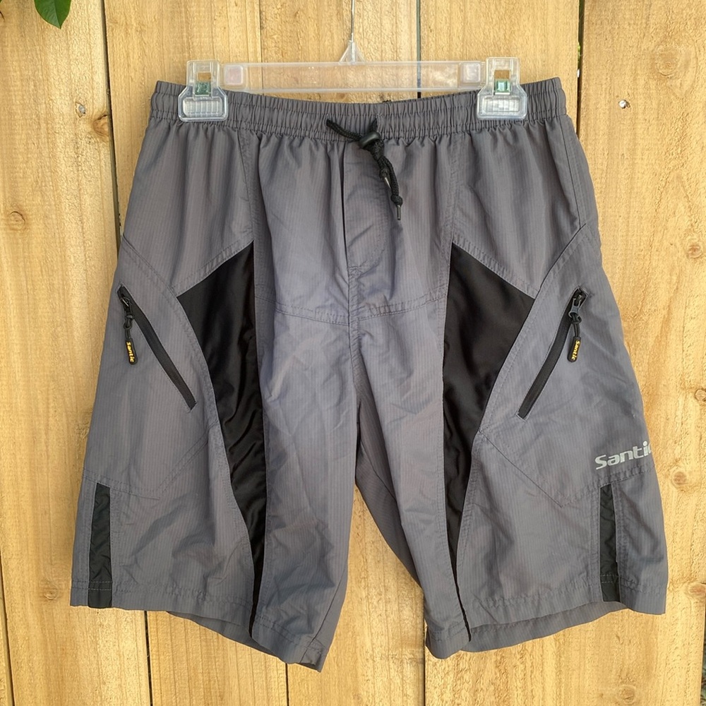 Men's Santic Padded MTB Mountain Bike Shorts Sz Large Grey Black Zipper Pockets